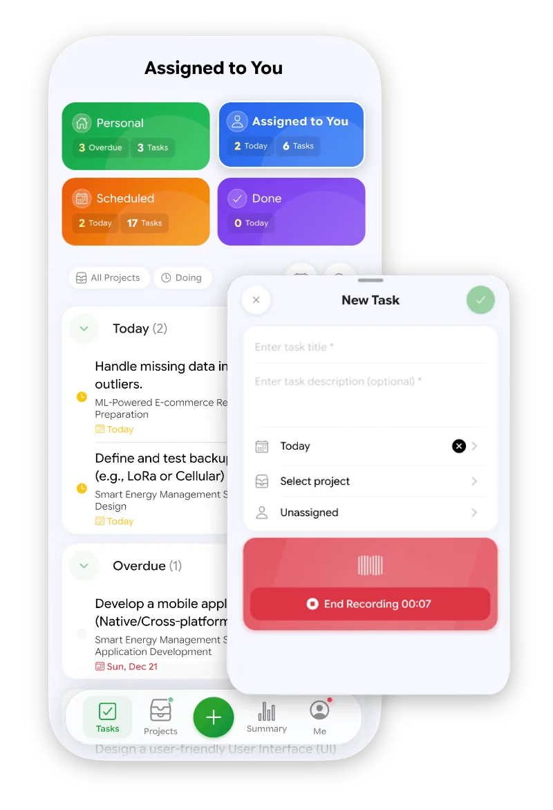 หน้าจอแอป MobMai สร้างงานใหม่ด้วยเสียงผ่าน AI